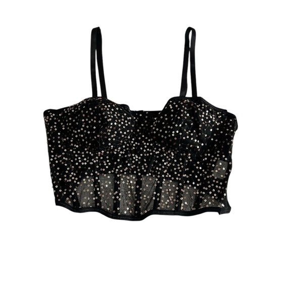 Black Sequin Crop Top. Gold sequins. Lined cups with sheer bodice with boning - Picture 2 of 9